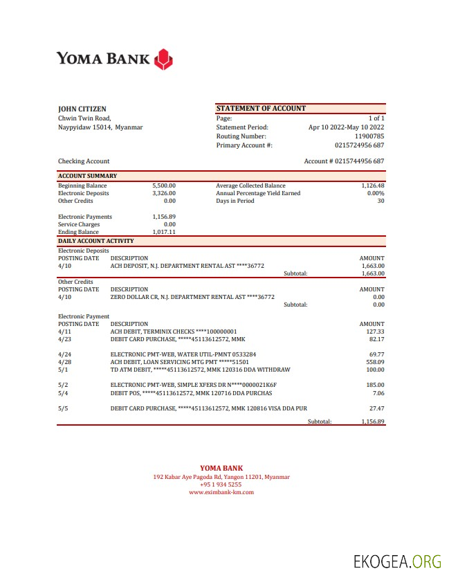 Relevé de la banque Yoma du Myanmar